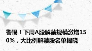 警惕！下周A股解禁规模激增150%，大比例解禁股名单揭晓