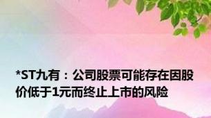 *ST九有：公司股票可能存在因股价低于1元而终止上市的风险