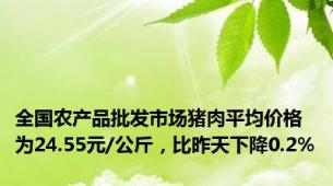 全国农产品批发市场猪肉平均价格为24.55元/公斤，比昨天下降0.2%