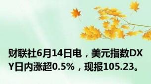 财联社6月14日电，美元指数DXY日内涨超0.5%，现报105.23。