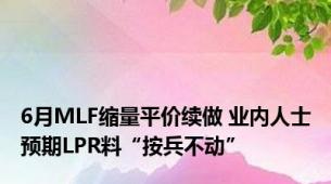 6月MLF缩量平价续做 业内人士预期LPR料“按兵不动”