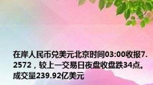 在岸人民币兑美元北京时间03:00收报7.2572，较上一交易日夜盘收盘跌34点。成交量239.92亿美元