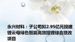 永兴材料：子公司拟2.95亿元投建锂云母绿色智能高效提锂综合技改项目