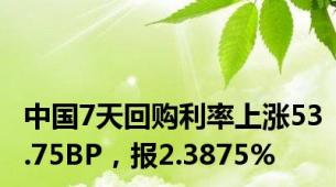 中国7天回购利率上涨53.75BP，报2.3875%