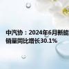 中汽协：2024年6月新能源汽车销量同比增长30.1%