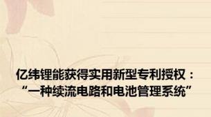 亿纬锂能获得实用新型专利授权：“一种续流电路和电池管理系统”