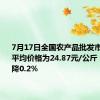 7月17日全国农产品批发市场猪肉平均价格为24.87元/公斤 比昨天下降0.2%