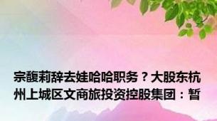 宗馥莉辞去娃哈哈职务？大股东杭州上城区文商旅投资控股集团：暂