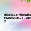 财政部续发20Y特别国债招标结果，加权利率2.4415%，全场倍数3.11倍