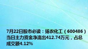 7月22日股市必读：扬农化工（600486）当日主力资金净流出412.74万元，占总成交额4.12%