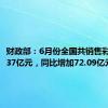 财政部：6月份全国共销售彩票559.37亿元，同比增加72.09亿元