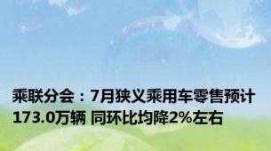 乘联分会：7月狭义乘用车零售预计173.0万辆 同环比均降2%左右