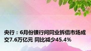 央行：6月份银行间同业拆借市场成交7.6万亿元 同比减少45.4%