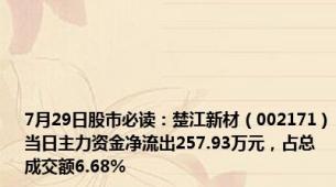 7月29日股市必读：楚江新材（002171）当日主力资金净流出257.93万元，占总成交额6.68%