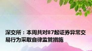 深交所：本周共对87起证券异常交易行为采取自律监管措施