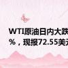 WTI原油日内大跌5.00%，现报72.55美元/桶