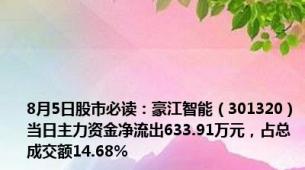 8月5日股市必读：豪江智能（301320）当日主力资金净流出633.91万元，占总成交额14.68%