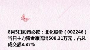 8月5日股市必读：北化股份（002246）当日主力资金净流出508.31万元，占总成交额3.37%