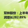 双林股份：上半年净利润增长282.89%