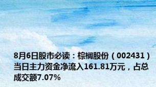 8月6日股市必读：棕榈股份（002431）当日主力资金净流入161.81万元，占总成交额7.07%