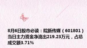 8月6日股市必读：皖新传媒（601801）当日主力资金净流出219.23万元，占总成交额3.71%