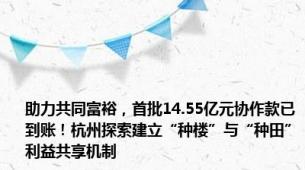 助力共同富裕，首批14.55亿元协作款已到账！杭州探索建立“种楼”与“种田”利益共享机制