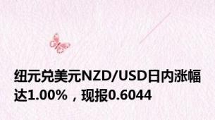 纽元兑美元NZD/USD日内涨幅达1.00%，现报0.6044