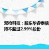 双枪科技：股东华睿泰信计划减持不超过2.99%股份