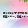 欧元区7月CPI年率终值 2.6%，预期2.60%，前值2.60%