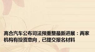 高合汽车公布司法预重整最新进展：两家机构有投资意向，已提交报名材料