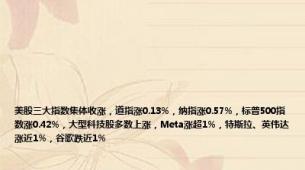 美股三大指数集体收涨，道指涨0.13%，纳指涨0.57%，标普500指数涨0.42%，大型科技股多数上涨，Meta涨超1%，特斯拉、英伟达涨近1%，谷歌跌近1%