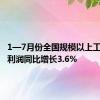 1—7月份全国规模以上工业企业利润同比增长3.6%