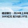 建设银行：2024年上半年净利润1643亿元 拟10派1.97元