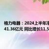 格力电器：2024上半年净利润141.36亿元 同比增长11.54%