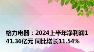 格力电器：2024上半年净利润141.36亿元 同比增长11.54%