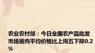 农业农村部：今日全国农产品批发市场猪肉平均价格比上周五下降0.2%