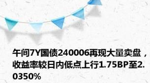 午间7Y国债240006再现大量卖盘，收益率较日内低点上行1.75BP至2.0350%