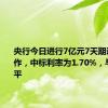 央行今日进行7亿元7天期逆回购操作，中标利率为1.70%，与此前持平