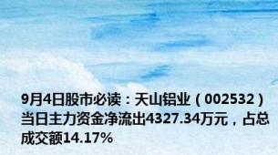 9月4日股市必读：天山铝业（002532）当日主力资金净流出4327.34万元，占总成交额14.17%