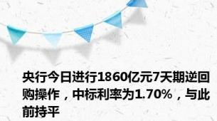 央行今日进行1860亿元7天期逆回购操作，中标利率为1.70%，与此前持平