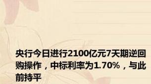 央行今日进行2100亿元7天期逆回购操作，中标利率为1.70%，与此前持平