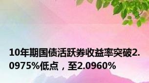 10年期国债活跃券收益率突破2.0975%低点，至2.0960%