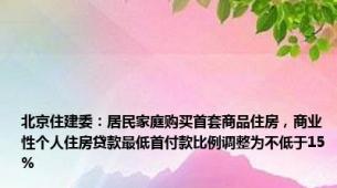 北京住建委：居民家庭购买首套商品住房，商业性个人住房贷款最低首付款比例调整为不低于15%