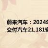 蔚来汽车：2024年9月交付汽车21,181辆