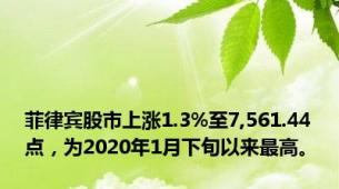 菲律宾股市上涨1.3%至7,561.44点，为2020年1月下旬以来最高。