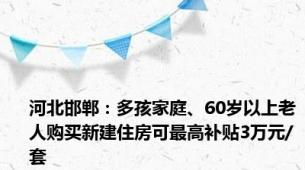 河北邯郸：多孩家庭、60岁以上老人购买新建住房可最高补贴3万元/套