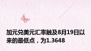 加元兑美元汇率触及8月19日以来的最低点，为1.3648