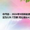 中汽协：2024年9月新能源汽车销量为128.7万辆 同比增长42.3%