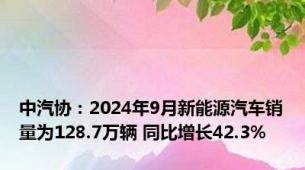 中汽协：2024年9月新能源汽车销量为128.7万辆 同比增长42.3%