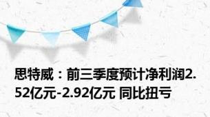 思特威：前三季度预计净利润2.52亿元-2.92亿元 同比扭亏